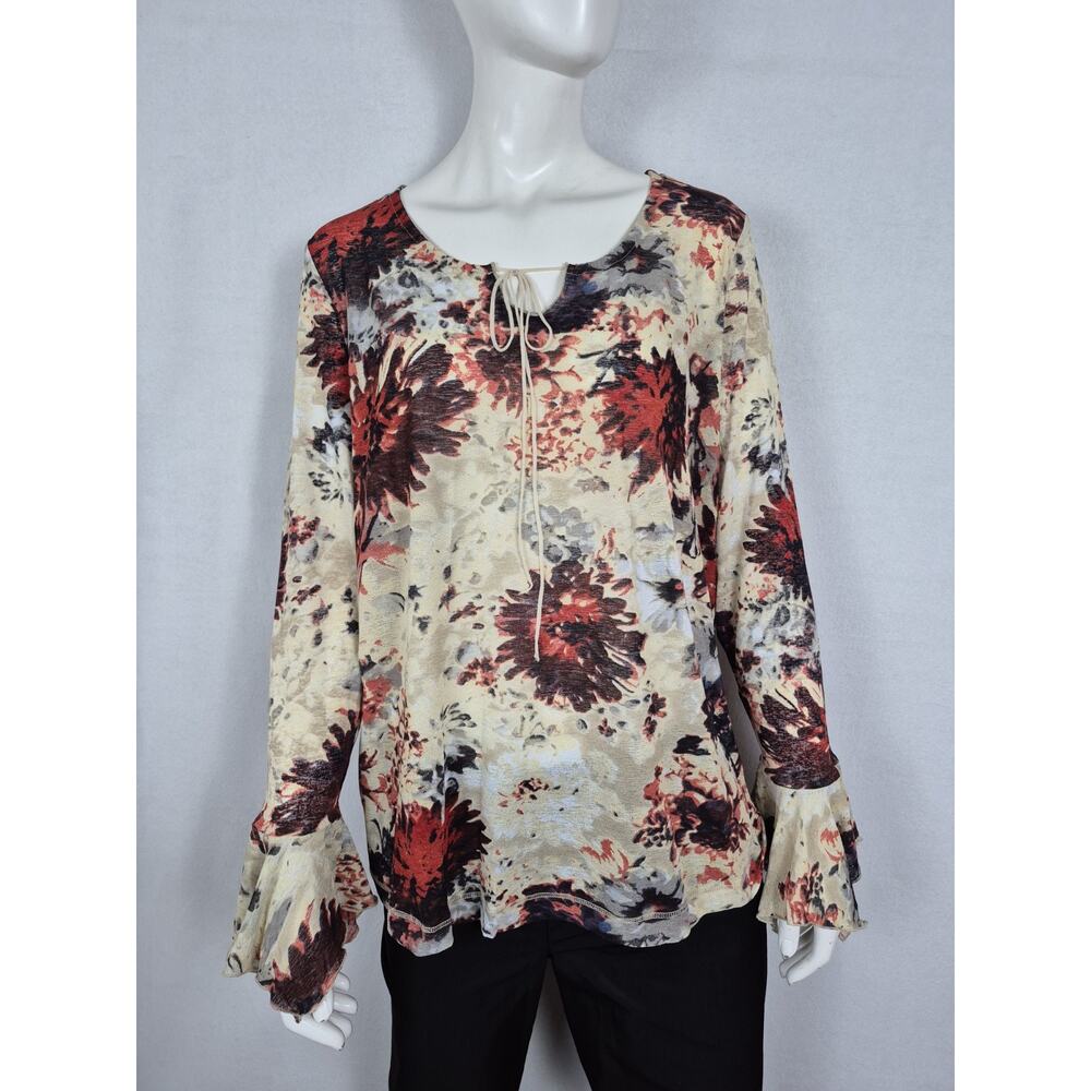 Conrad C Woman Floral Semi Sheer Blouse 2X Bell Sleeve Tie Neck